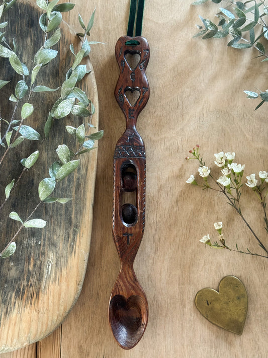 Vintage 1967 Intricately Hand-Carved Welsh Love Spoon - Initials C.E.T