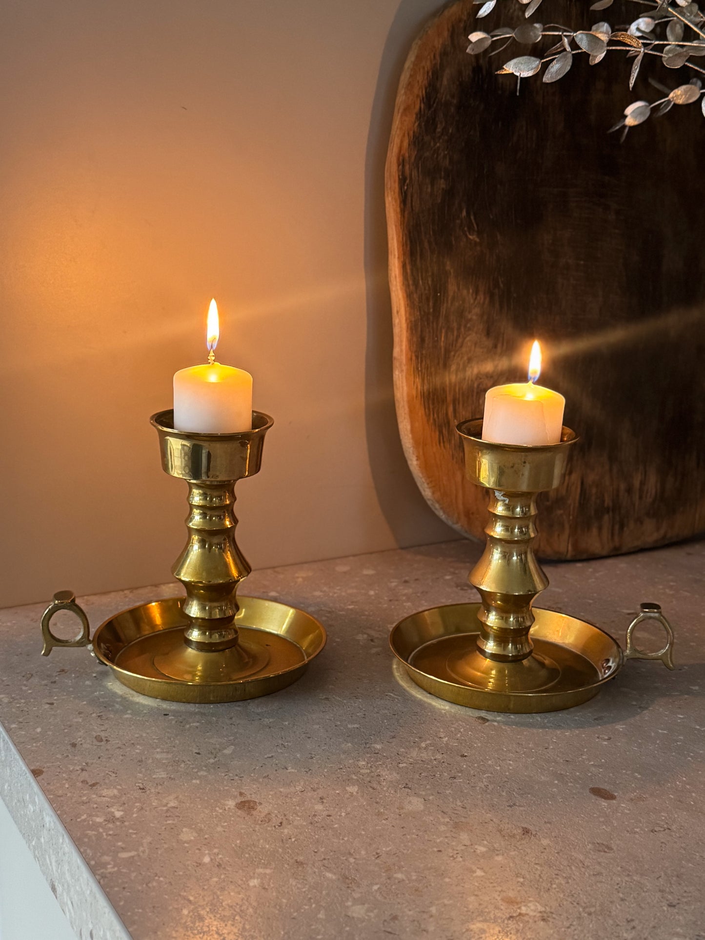 Pair of Antique Solid Brass Spike Chambersticks, Late 19th Century