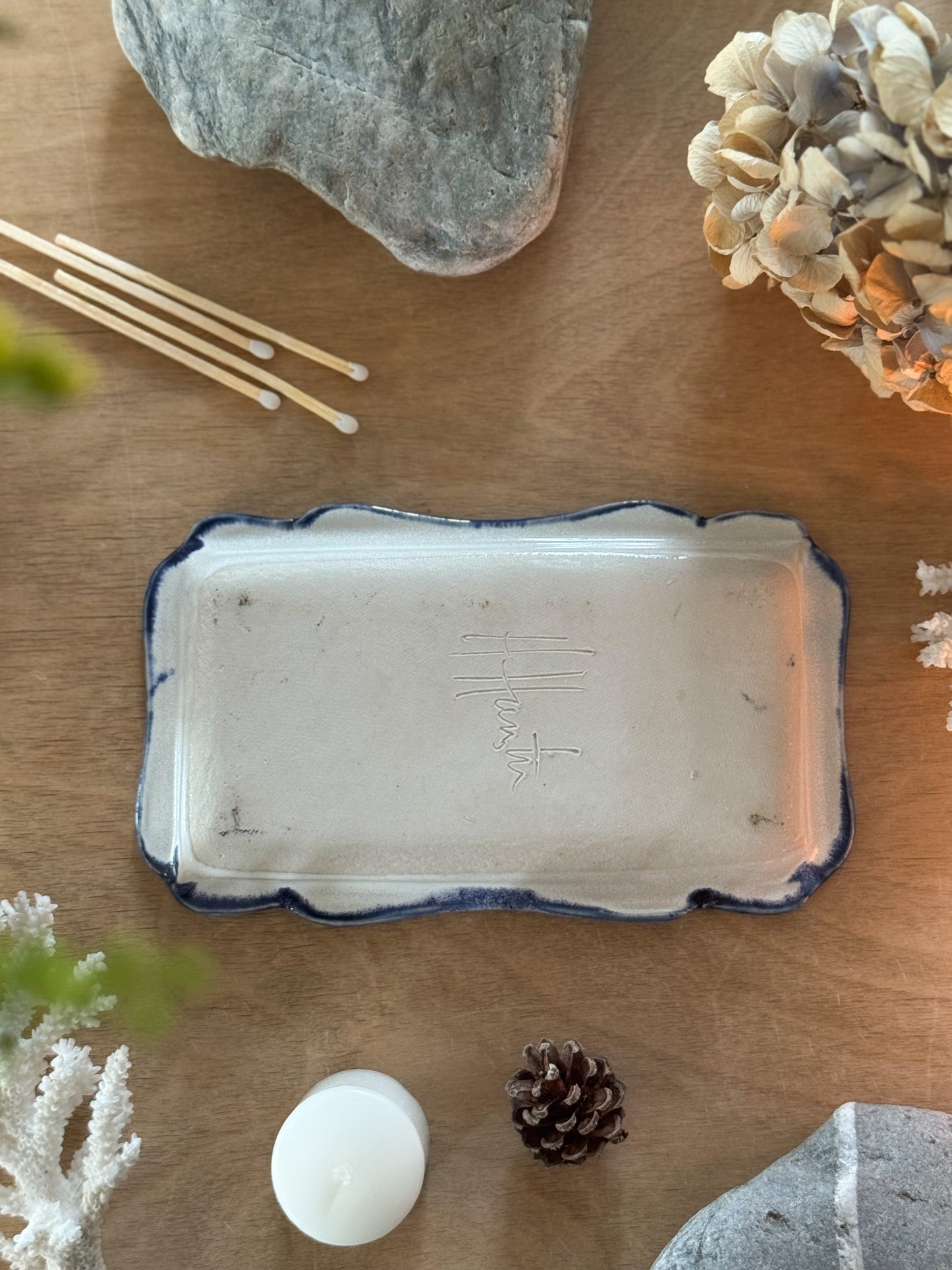 Vintage Studio Pottery Blue Floral Tray