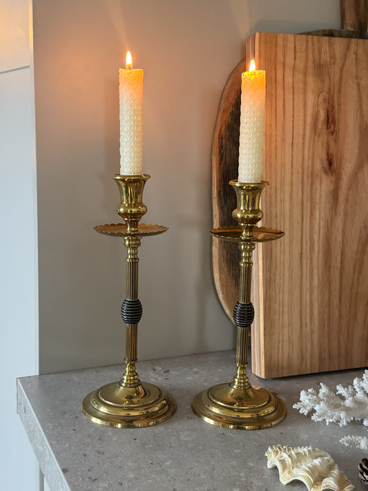 Pair of Edwardian Arts & Crafts Antique Brass Candlesticks with Scalloped Drip Trays