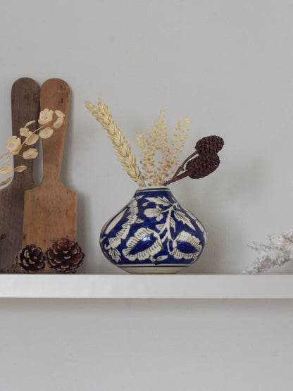 Vintage Thai Hand-Painted Blue & White Studio Pottery Bud Vase / Candle Holder