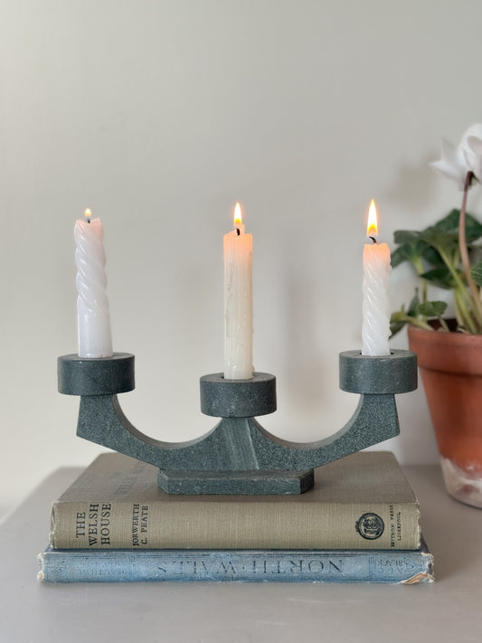 Vintage Handmade Penrhyn Slate Candelabra, North Wales, Bethesda