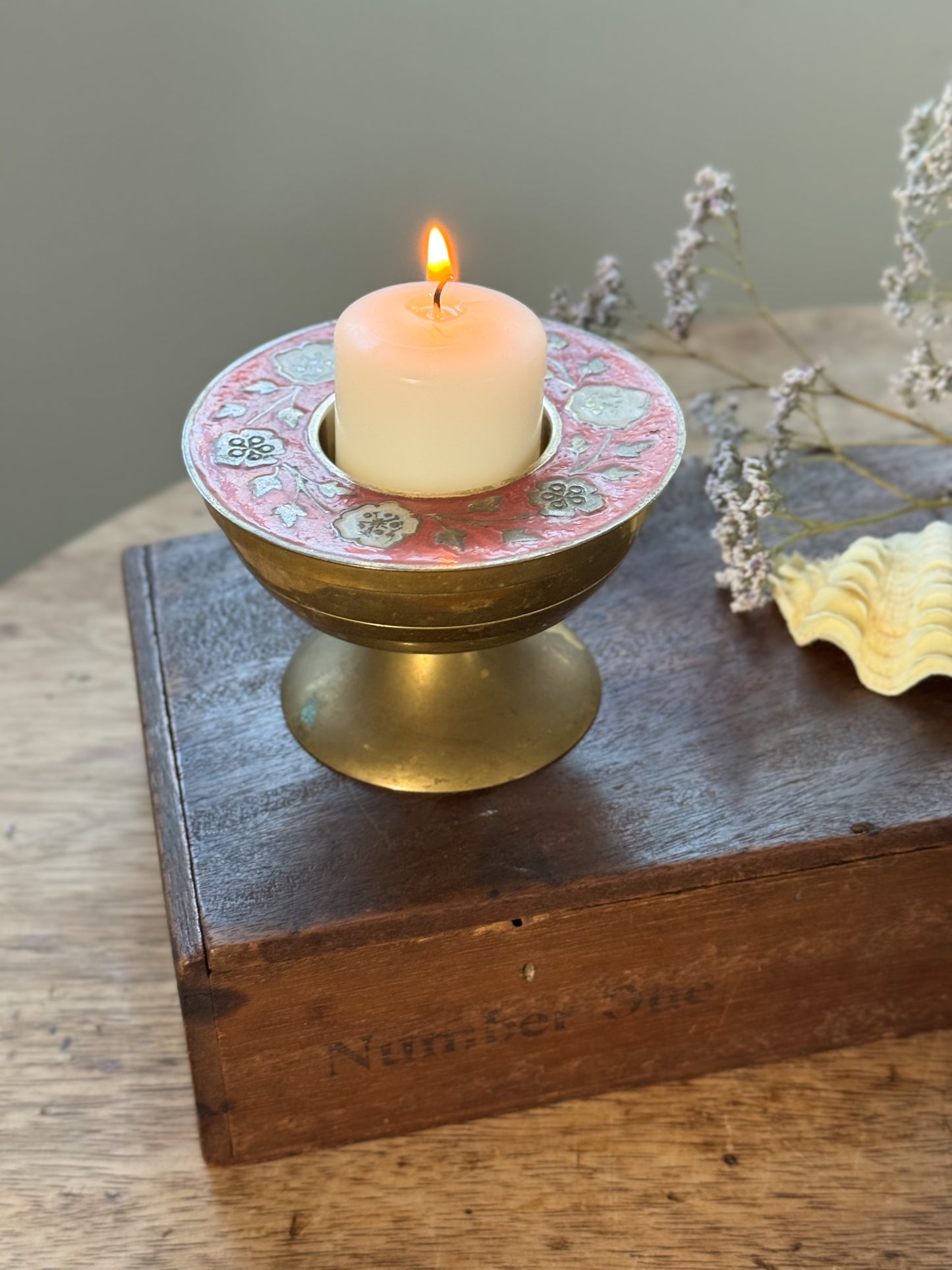 Vintage Brass Pedestal Candle Holder with Floral Enamel Detail