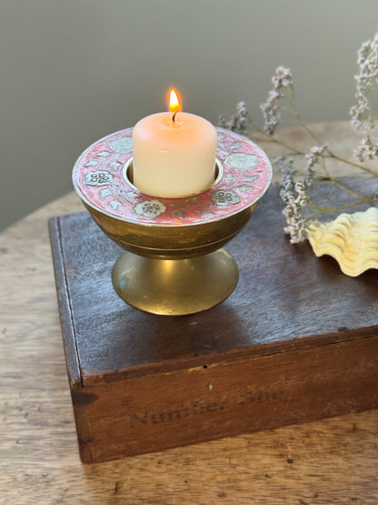 Vintage Brass Pedestal Candle Holder with Floral Enamel Detail