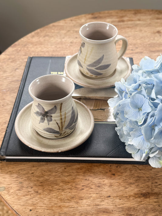 Vintage Pair of Hand-Thrown Studio Pottery Mugs & Saucers by Stanion Pottery