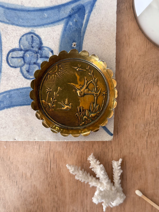 Vintage Brass Birds Landscape Pin Dish with Scalloped Edge