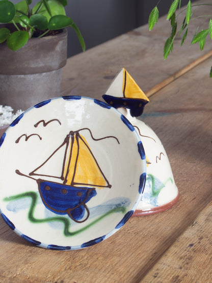 Incredible Vintage Studio Pottery Slipware Sailing Boat Butter Dish / Cheese Dome