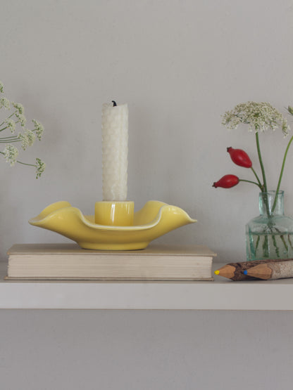 Vintage 1930s Butter Yellow Scalloped Studio Pottery Candle Holder