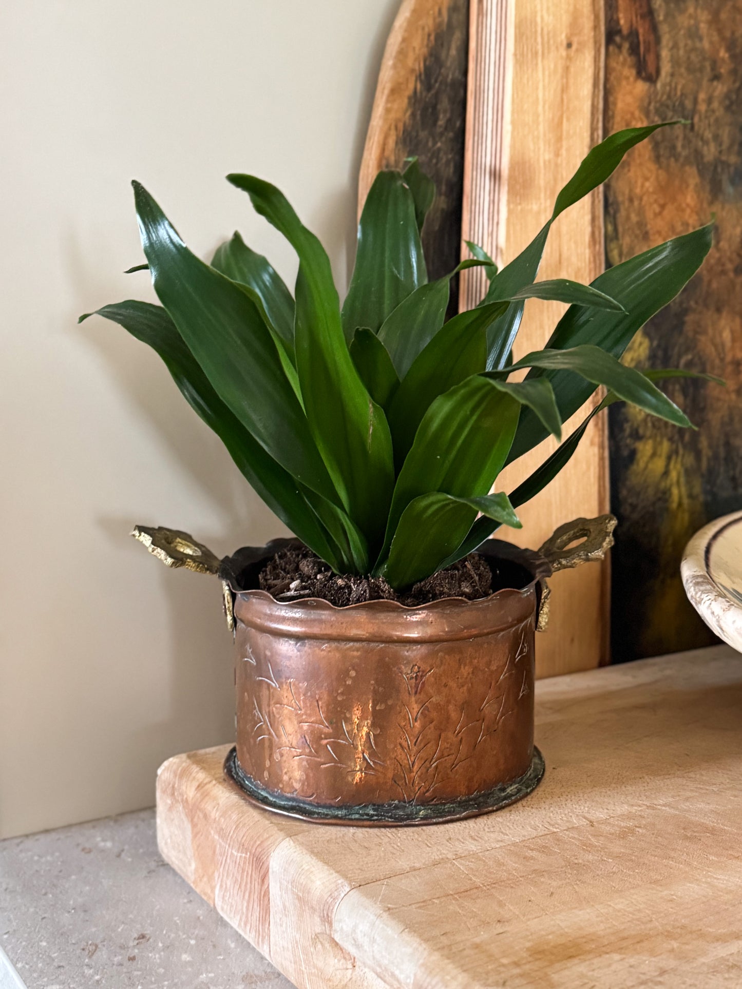 Antique Art Nouveau Handmade Copper Planter - Scalloped Edge & Etched Birds