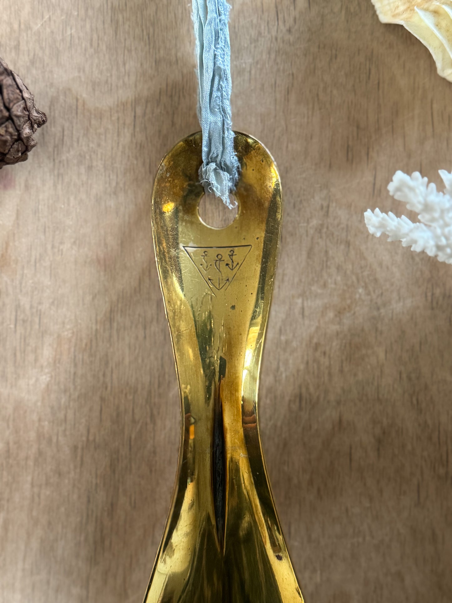 Vintage Handmade Solid Brass Shoe Horn with Anchor Engraving