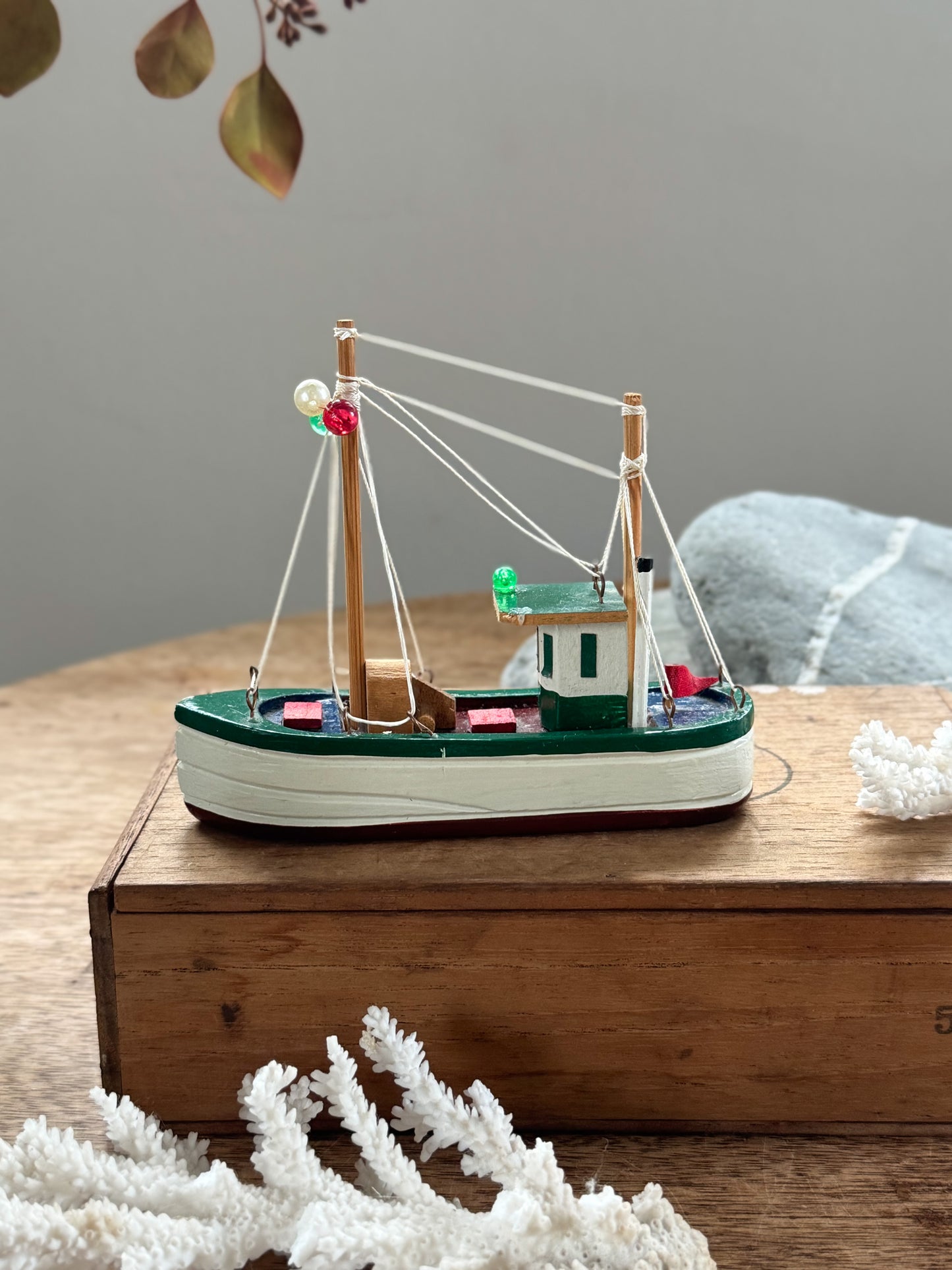 Vintage Handmade & Hand-Painted Wooden Fishing Boat (Green & White)
