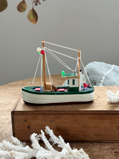 Vintage Handmade & Hand-Painted Wooden Fishing Boat (Green & White)