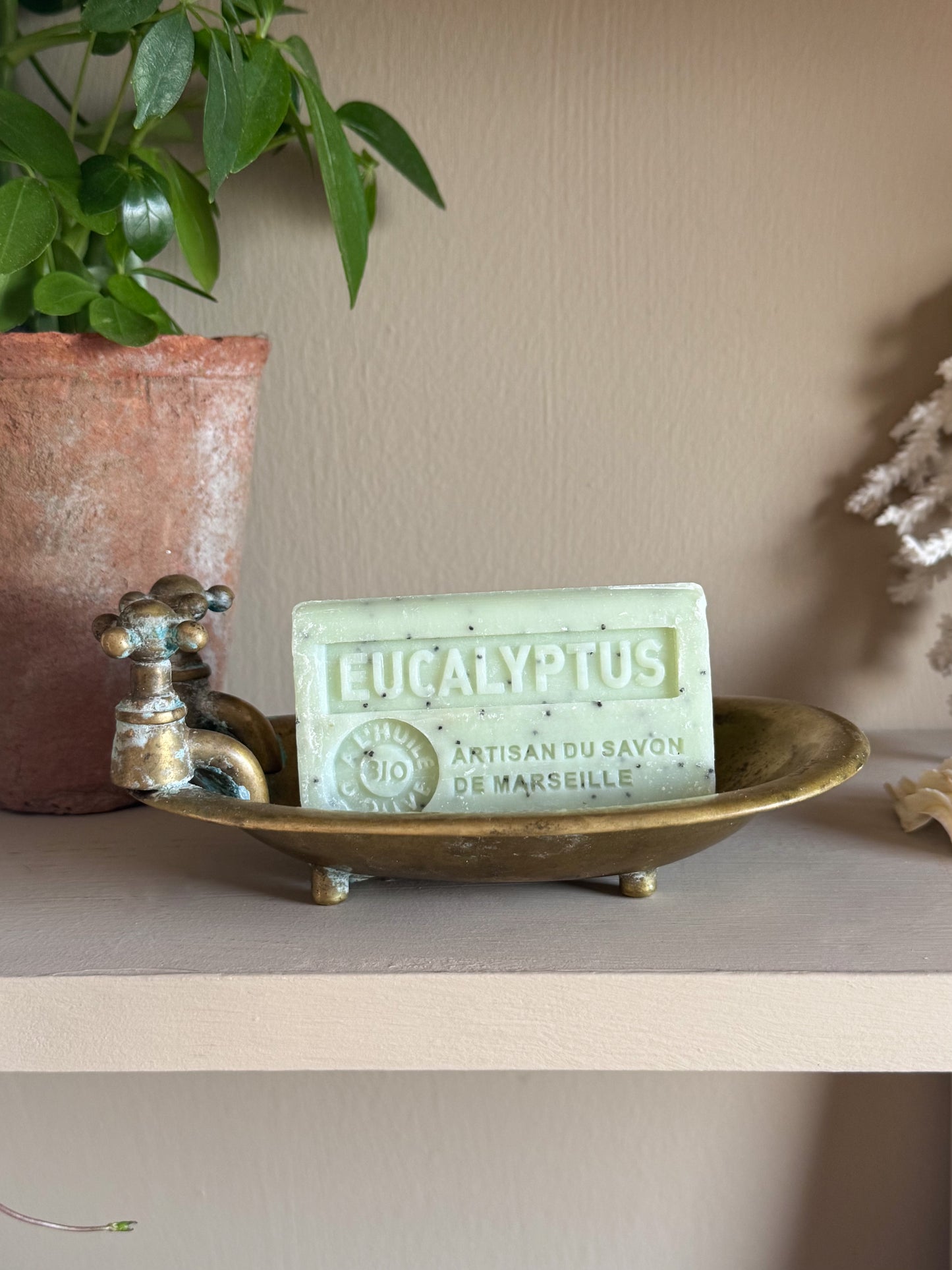 Vintage Solid Brass Bathtub Soap Dish with Verdigris