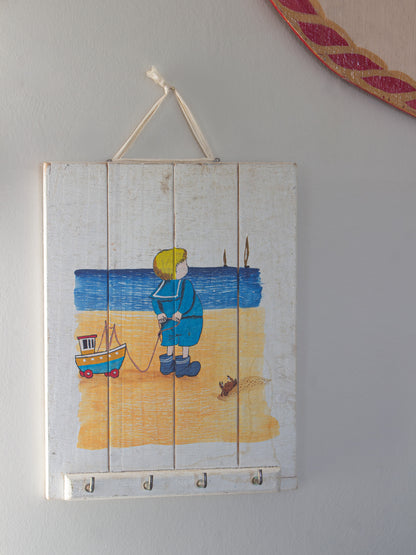 Vintage Folk Art Hand-Painted Seaside Wall Hooks