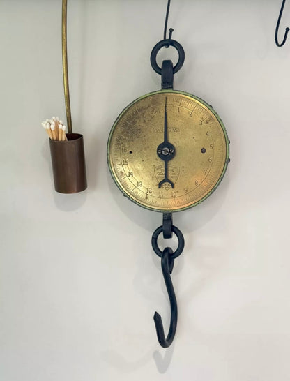 Vintage 1950s SALTER 235 Hanging Spring Balance Weighing Scale, 20lb Brass Face • Green Chippy Paint
