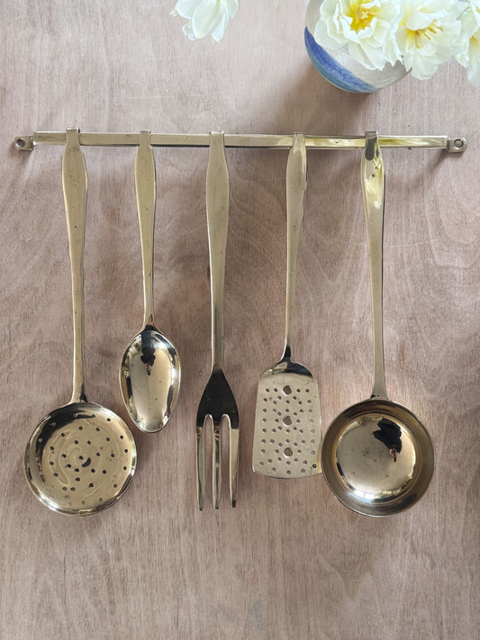 Vintage Solid Brass Kitchen Utensil Set with Hanging Rail - Set of 5