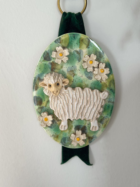 Vintage Folk Art Studio Pottery Sheep Wall Hanging with Velvet Ribbon & Brass Loop