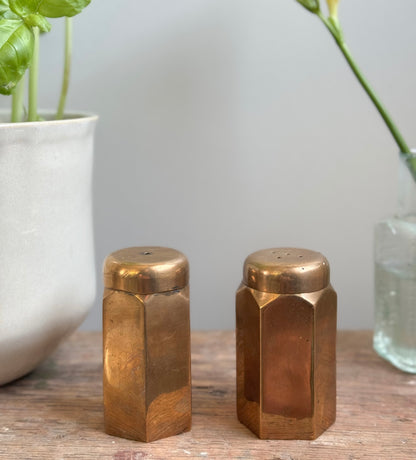 Vintage Solid Brass Hexagonal Salt & Pepper Shakers