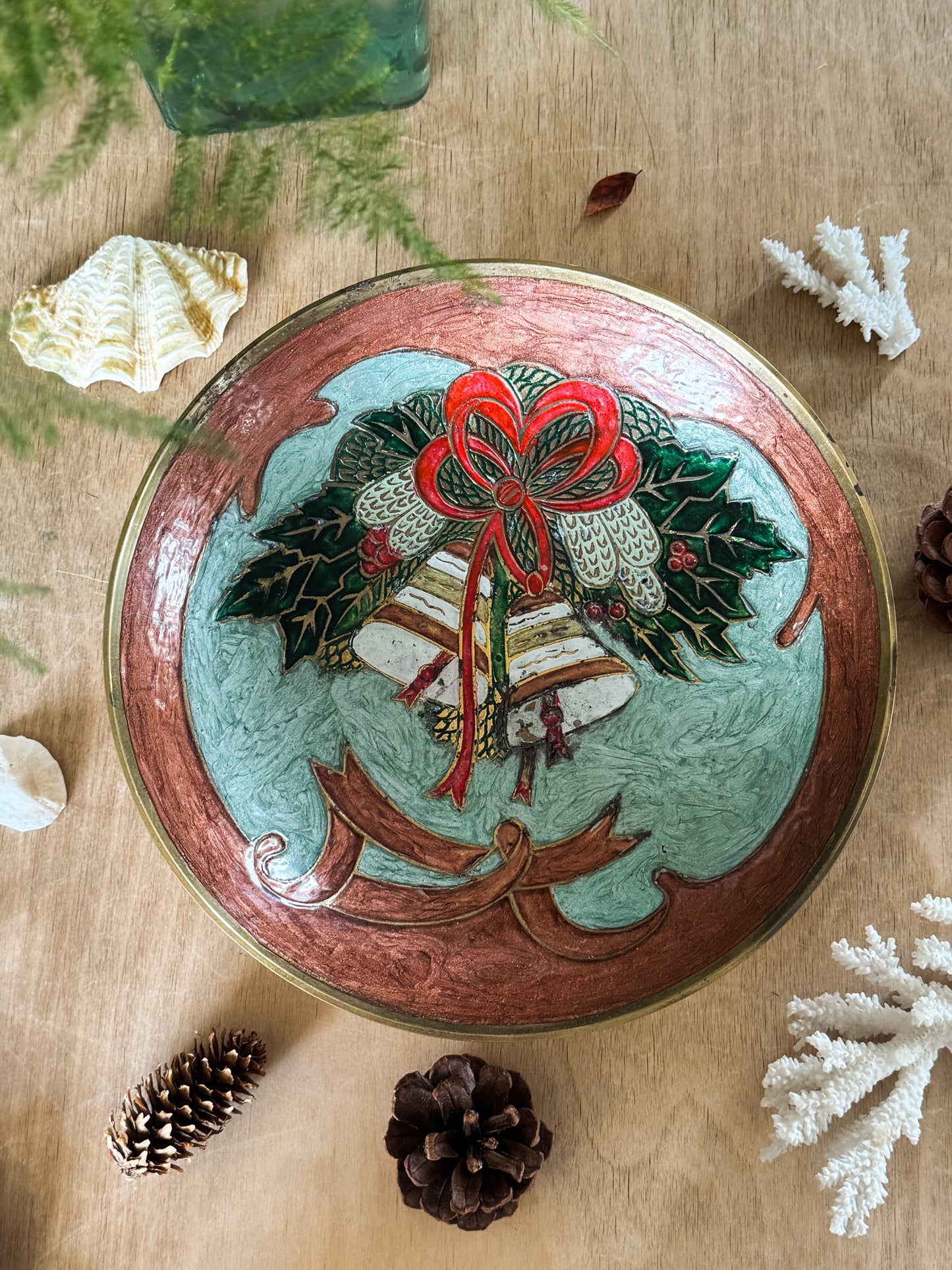 Vintage Solid Brass Enamel Pedestal Bowl - Festive Bells Design