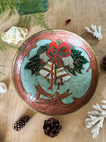Vintage Solid Brass Enamel Pedestal Bowl - Festive Bells Design