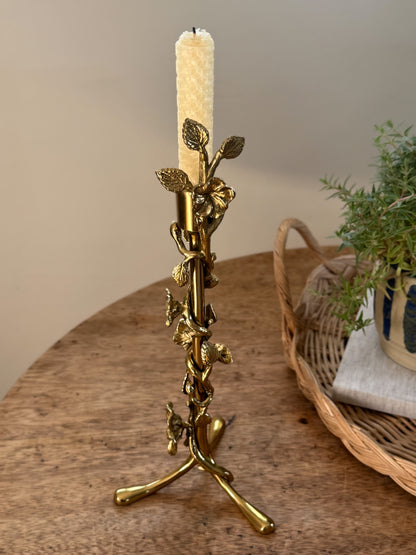 Vintage Solid Brass Floral Stem Candlestick Holder
