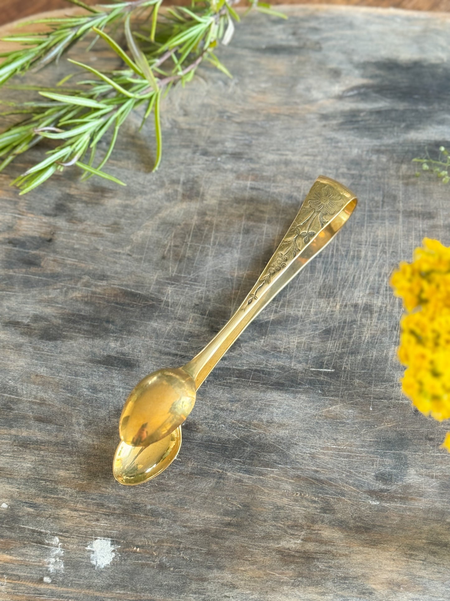 Vintage Solid Brass Sugar Tongs with Floral Design