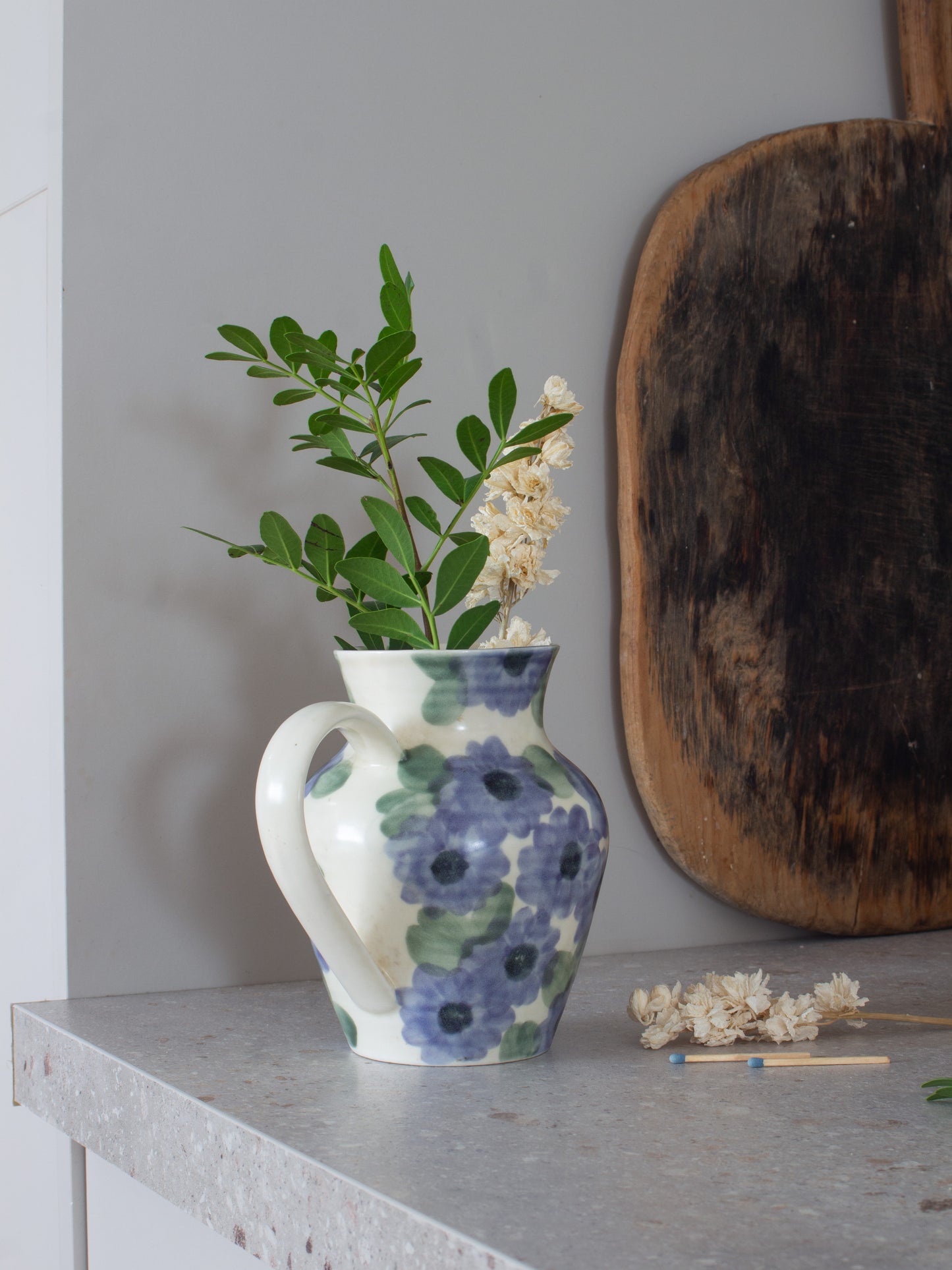 Vintage Ben Thomas Porcelain Blue Floral Jug, Handmade in England