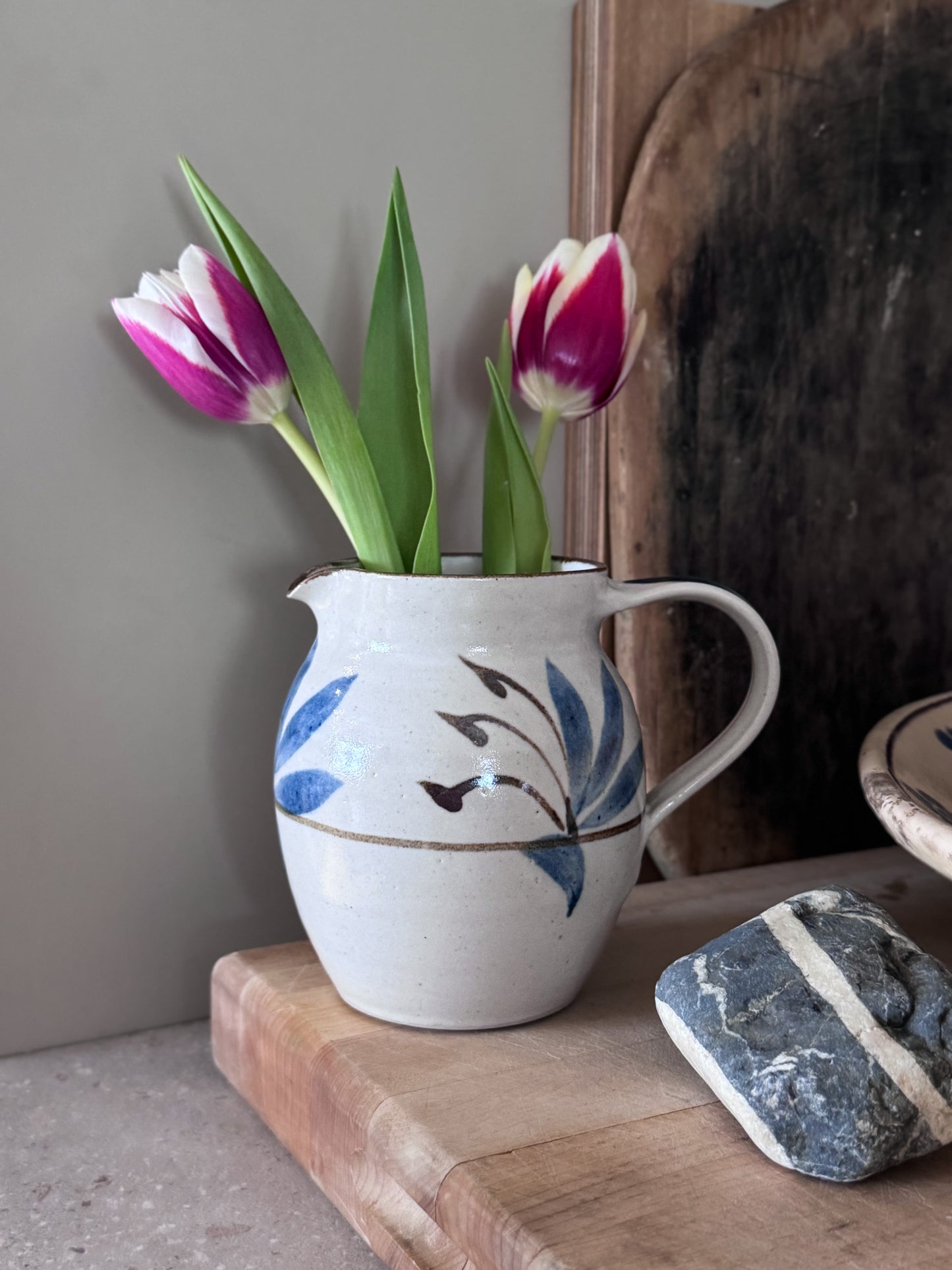 Vintage Abstract Blue Floral Studio Pottery Jug