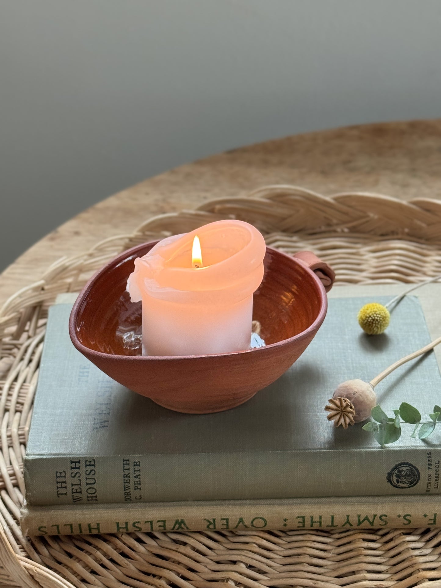 Vintage Handmade Glazed Terracotta Candle Bowl with Floral Design