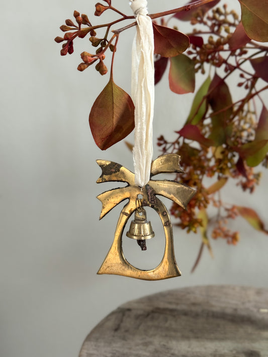 Vintage Solid Brass Decoration with Handmade Ribbon - Bow and Bell Design