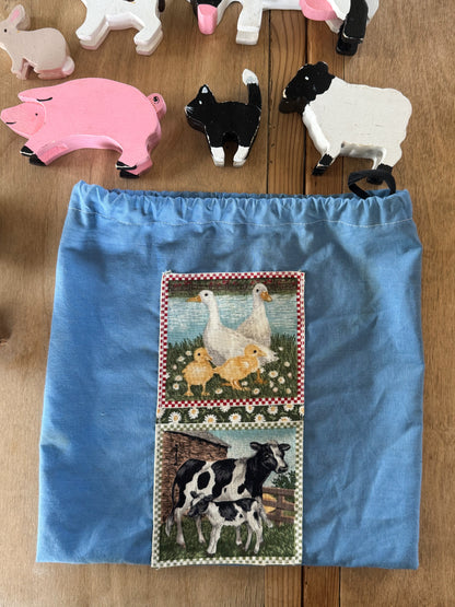 Vintage Handmade Wooden Farm Animal Set - with Original Handmade Patchwork Bag
