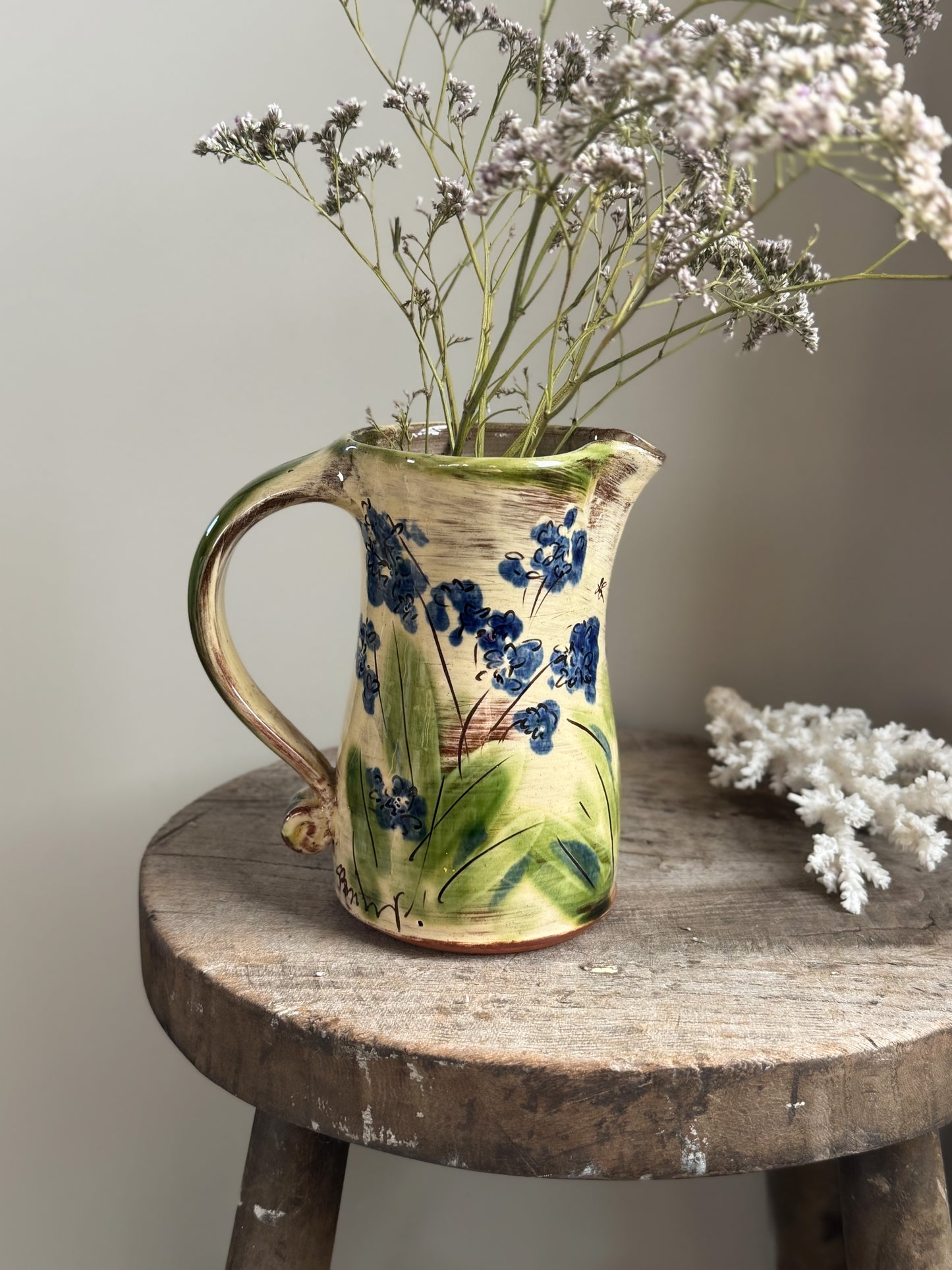 Vintage Handmade Studio Pottery Slipware Bluebells Jug