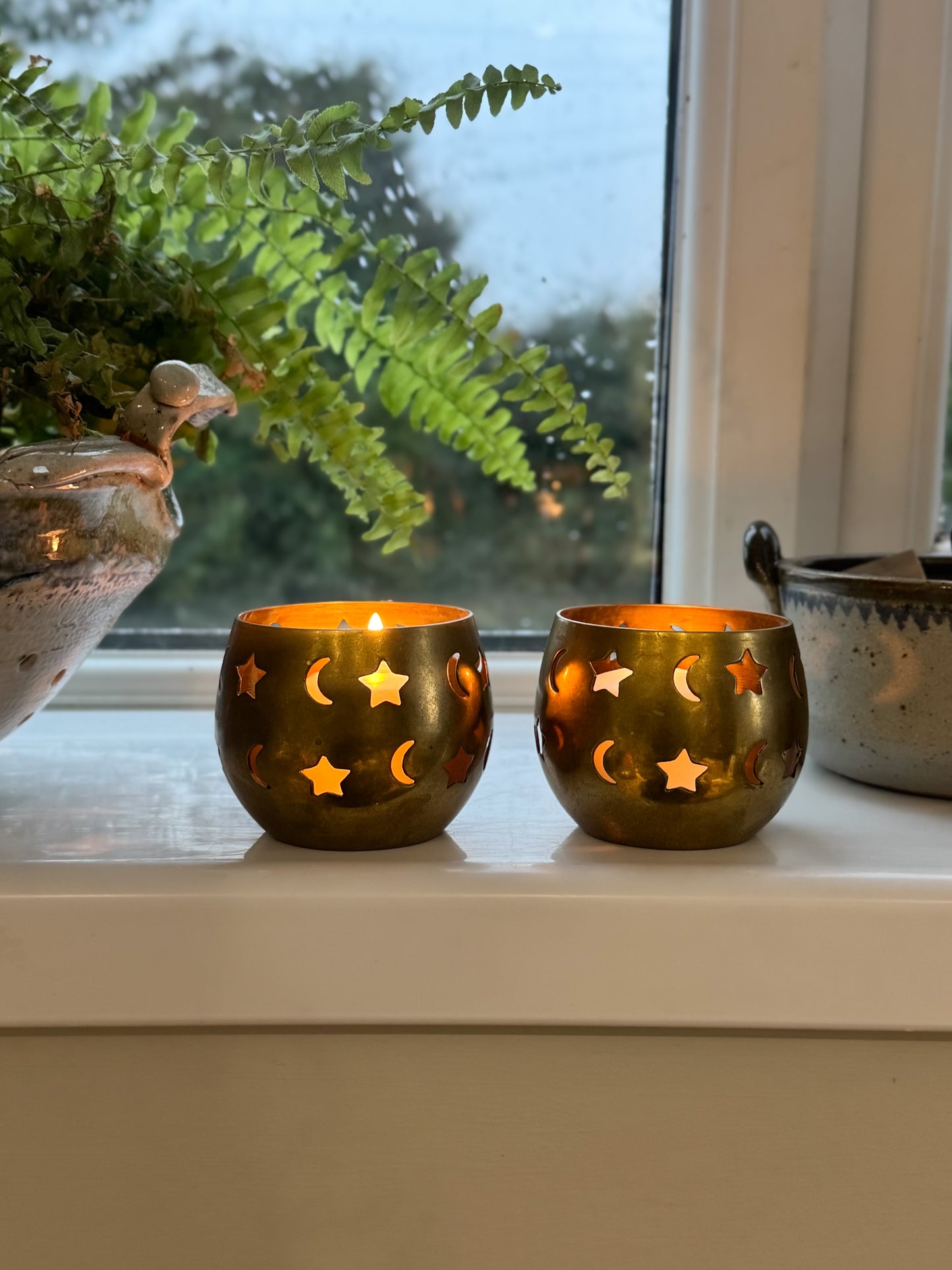 Vintage Solid Brass Star & Moon Candle Holders (Pair)