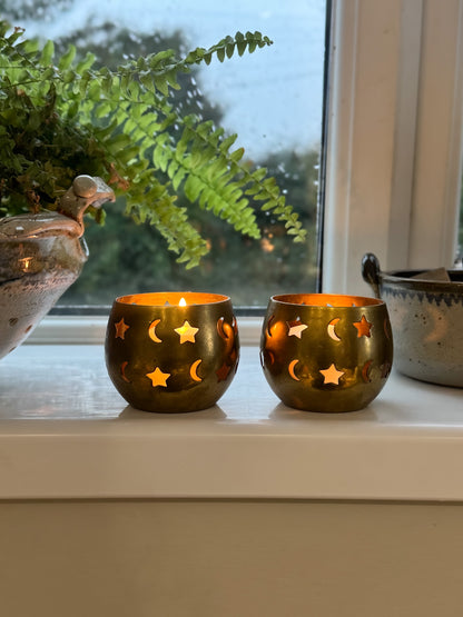 Vintage Solid Brass Star & Moon Candle Holders (Pair)