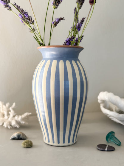 Vintage Striped Studio Pottery Vase, Blue & Cream