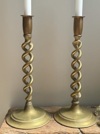 Pair of Antique Victorian Tall Solid Brass Barley Twist Candlesticks