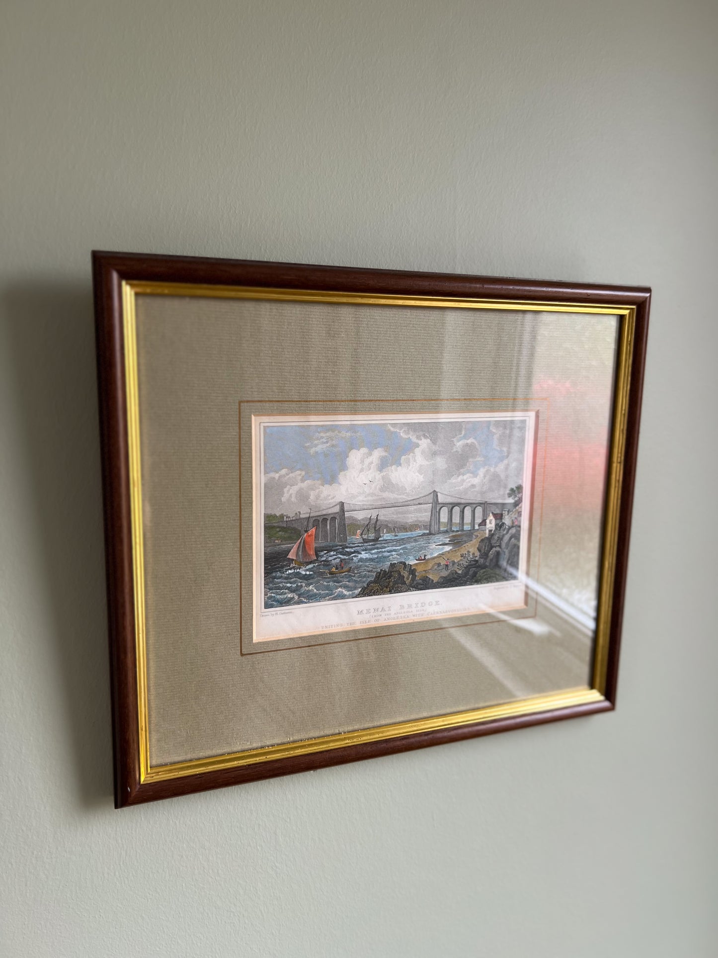 Antique Framed Engraving of Menai Bridge Drawn by H.Gastineau and Engraved by T.Barber
