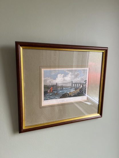 Antique Framed Engraving of Menai Bridge Drawn by H.Gastineau and Engraved by T.Barber