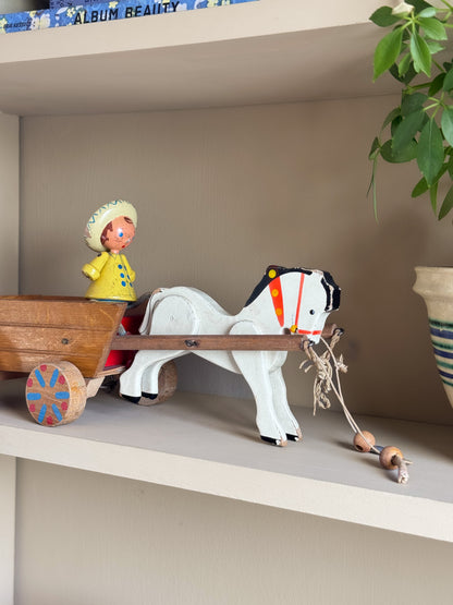 Vintage 1950s Handmade Wooden Horse & Cart Toy