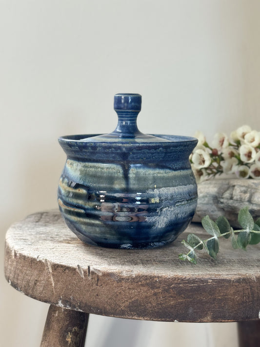 Vintage Greystoke Gill Pottery Blue Drip Glaze Lidded Pot by Robert Park