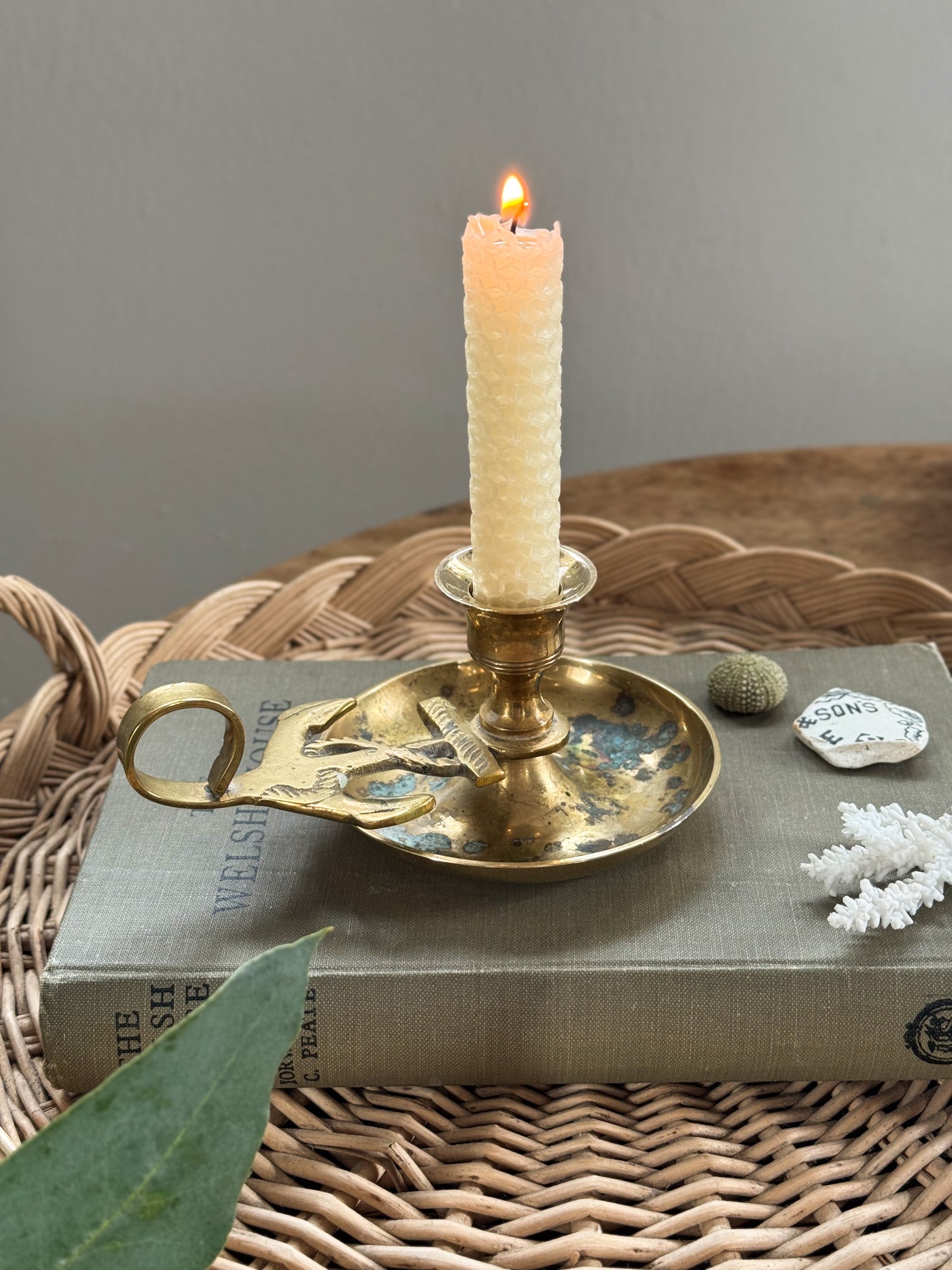 Vintage Solid Brass Ship’s Anchor Chamberstick with Natural Verdigris
