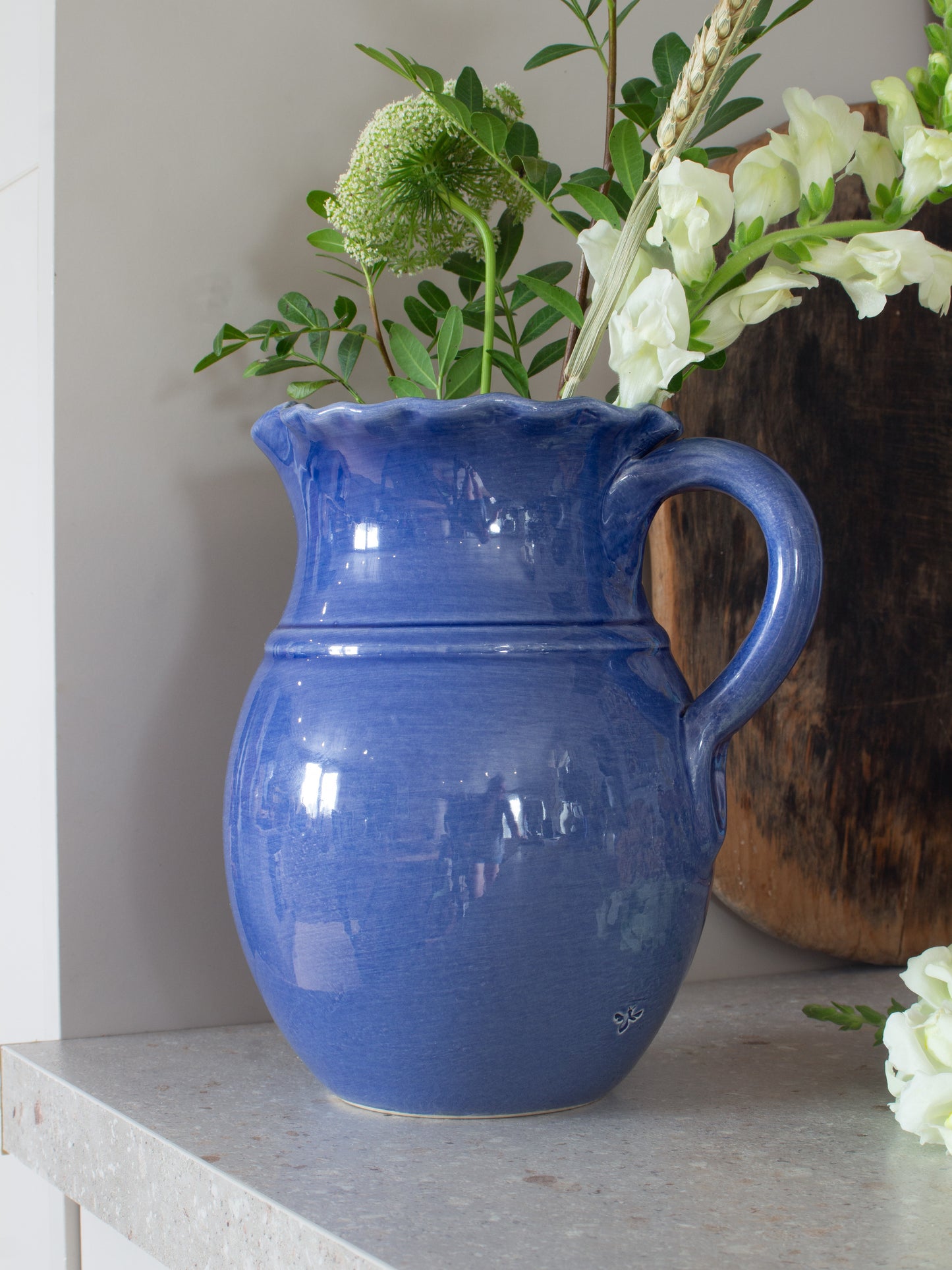 Vintage Parlane Blue Glazed Studio Pottery Scalloped Jug with Tiny Honey Bee Detail