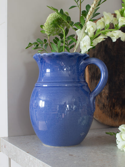 Vintage Parlane Blue Glazed Studio Pottery Scalloped Jug with Tiny Honey Bee Detail