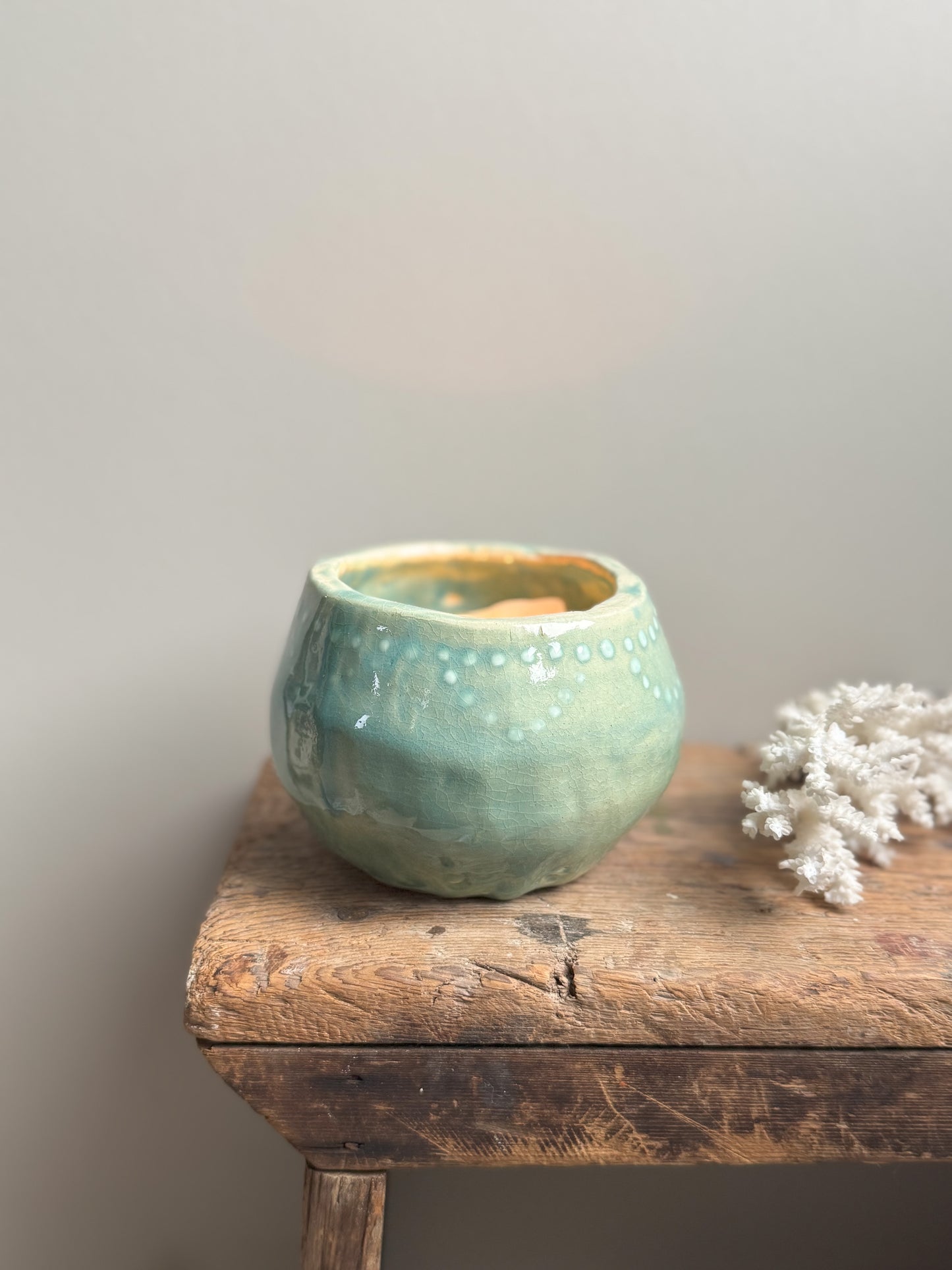 Studio Pottery Blue Textured Drip Glaze Pot