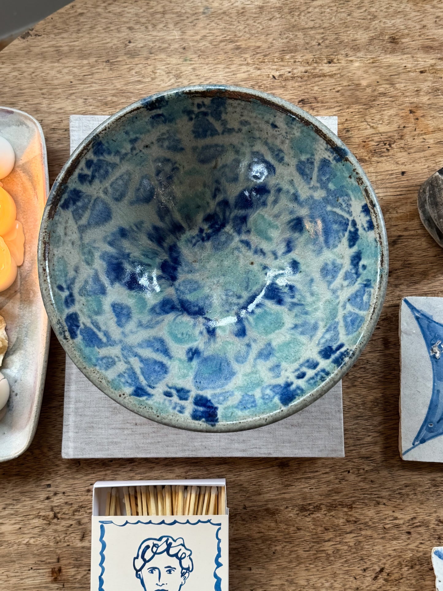 Large Vintage Studio Pottery Bowl with Painterly Blue Glaze