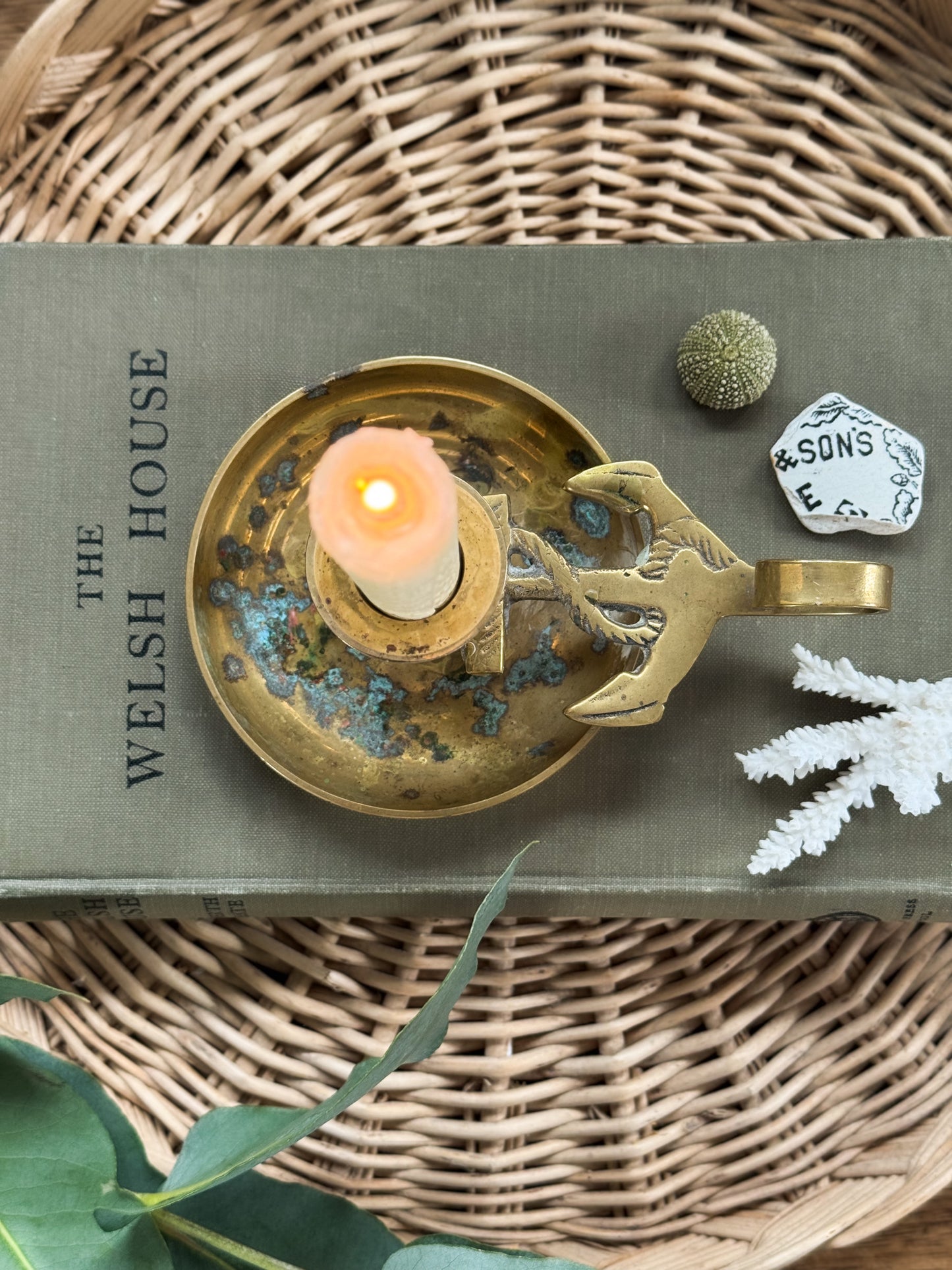 Vintage Solid Brass Ship’s Anchor Chamberstick with Natural Verdigris