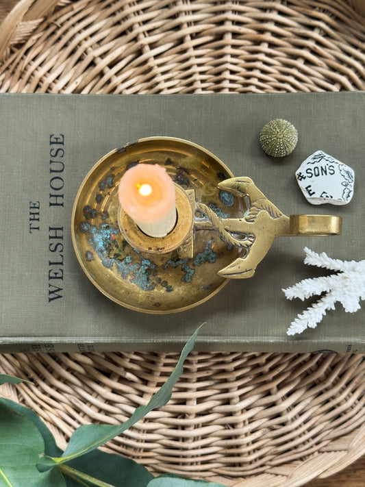 Vintage Solid Brass Ship’s Anchor Chamberstick with Natural Verdigris