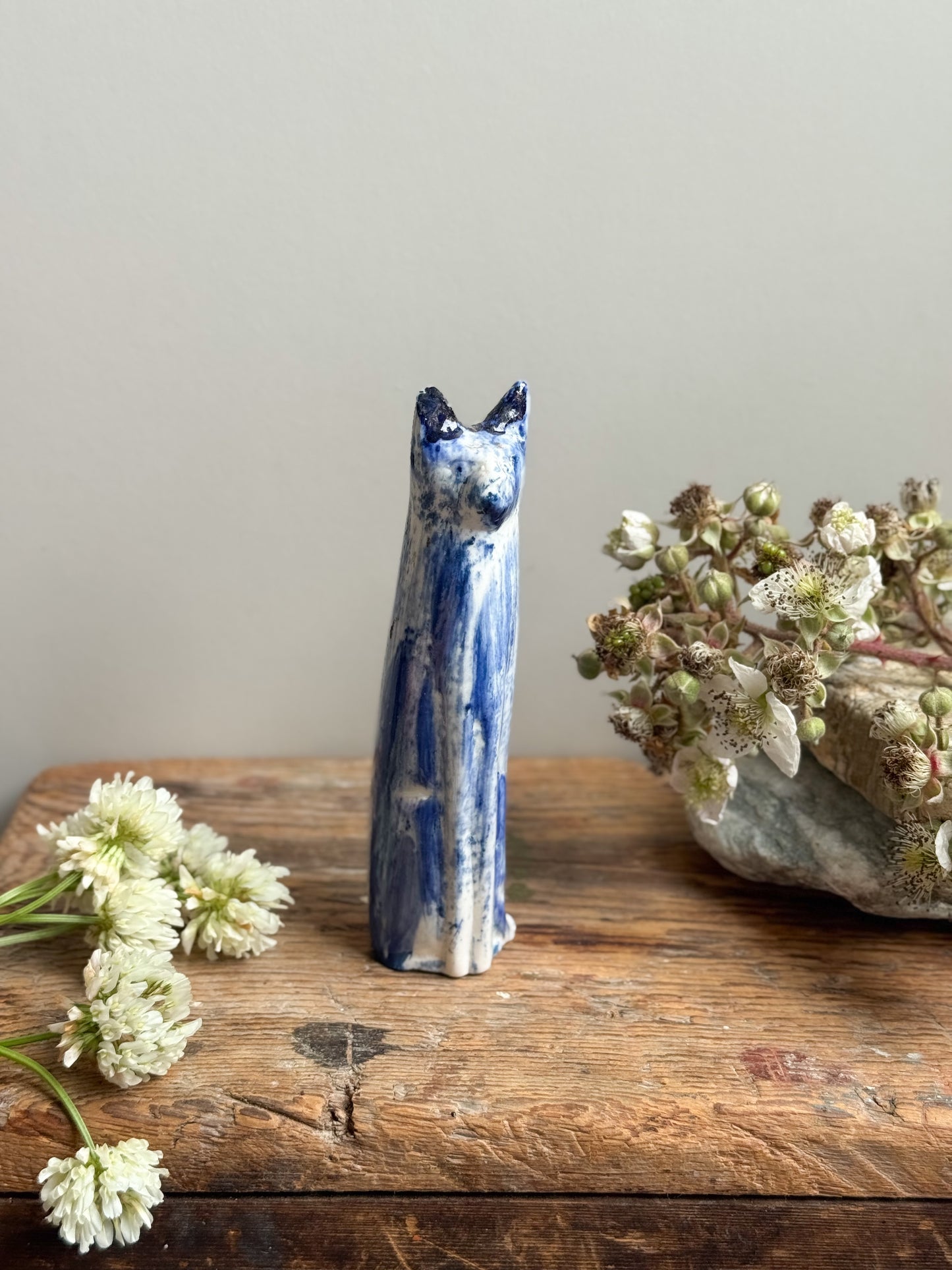 Vintage Handmade Studio Pottery Cat Sculpture with Blue Drip Glaze