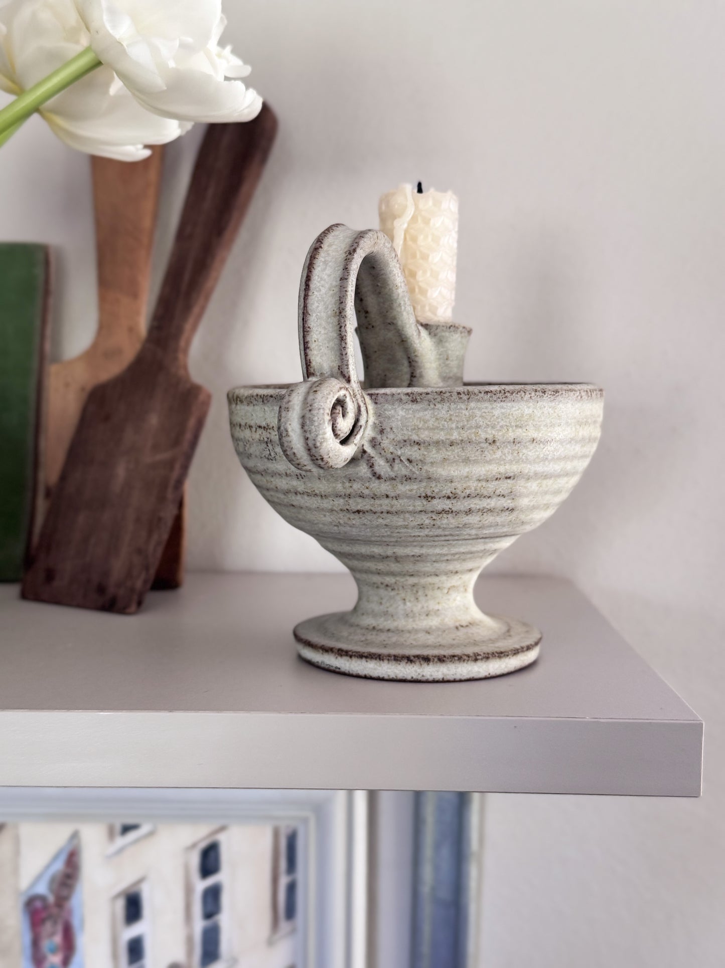 Vintage Studio Pottery Pedestal Chamberstick with Looped Handle - Hassall Dunbar, Scotland