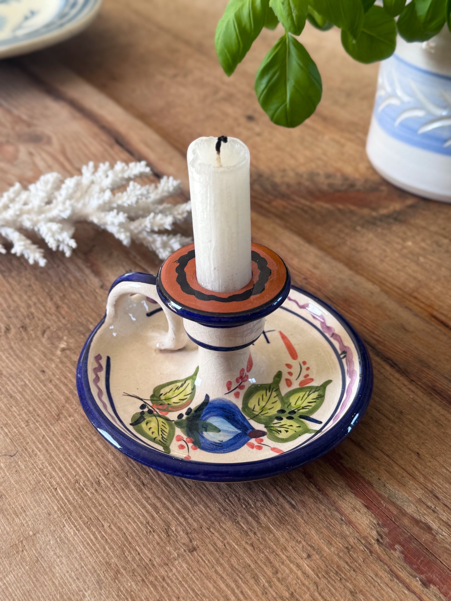 Vintage Mediterranean Studio Pottery Floral Chamberstick